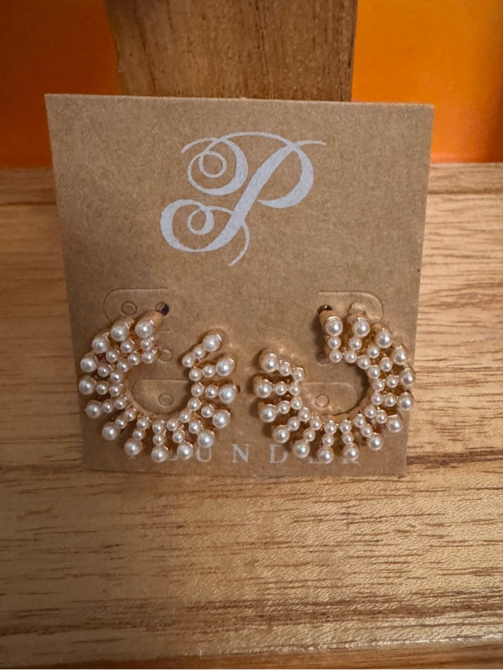 Plunder Crescent Moon Hoop Earrings Pinkish Cream Pearls New in Package + Pouch